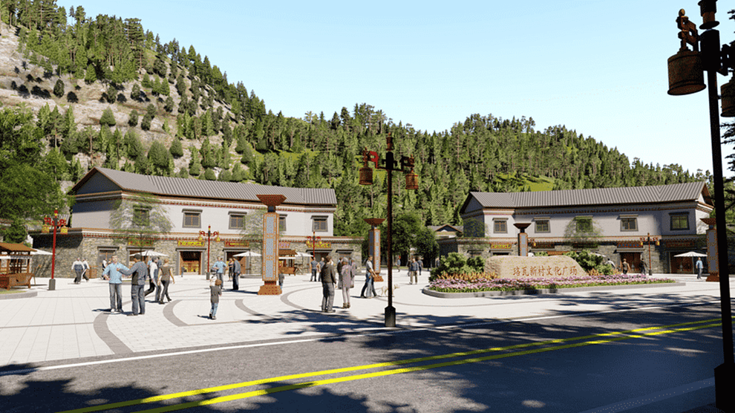 2019年7月19日发布的珞瓦新村规划图，村中心街景设计，转经筒元素嵌入街灯，凸显了藏族文化特色。（四川成都易合建筑景观设计有限公司官网）