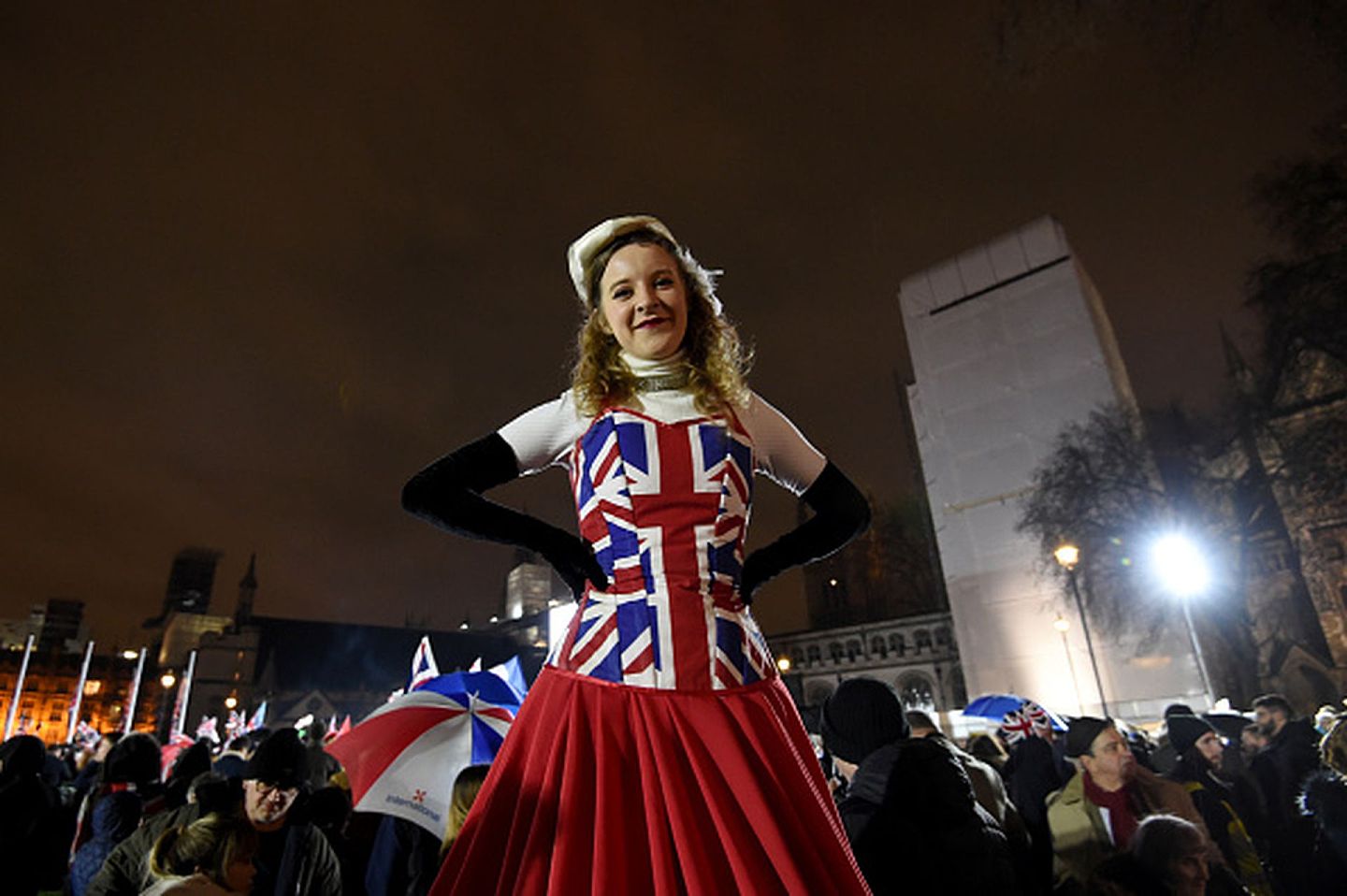2020年1月30日，英国脱欧的支持者们在伦敦议会大厦前举行集会，庆祝英国正式脱离欧盟。（Getty Images）