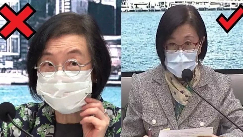 香港食卫局长陈肇始曾经因戴错口罩受到关注（图左）