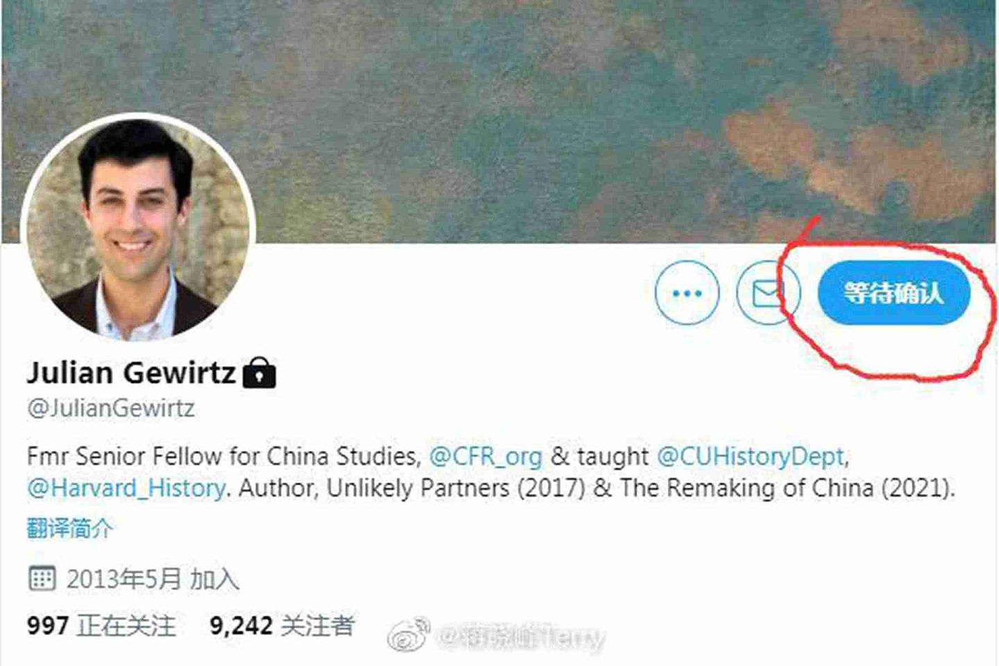 白宫国家安全委员会中国事务主任朱利安·格维兹个人推特截图。（Twitter@JulianGewirtz）