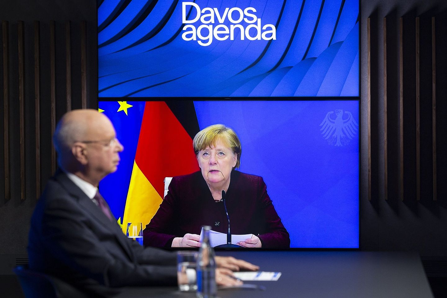 2021年1月25日，德国总理默克尔参加达沃斯世界经济论坛。（AP）