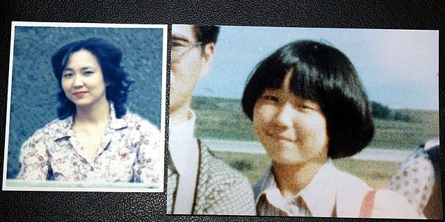 Two photographs, one showing Megumi Yokota as a young teenager with thick bobbed hair, and the other showing a young woman in a floral blouse. North Korea claims the second picture is of Megumi at the age of 20