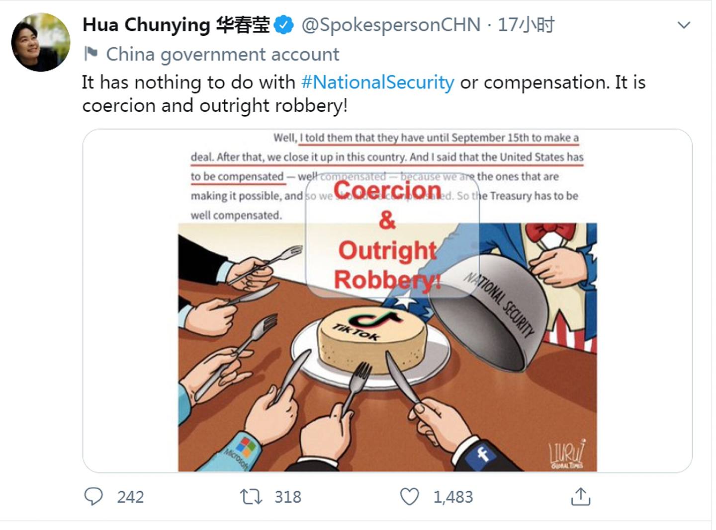 2020年9月2日，中國外交部發言人華春瑩在社交媒體推特（Twitter）上指責美國方面有關中國企業字節跳動旗下TikTok的交易是「脅迫和公然搶劫！」並配了一張漫畫圖。（Twitter@Hua Chunying 華春瑩）