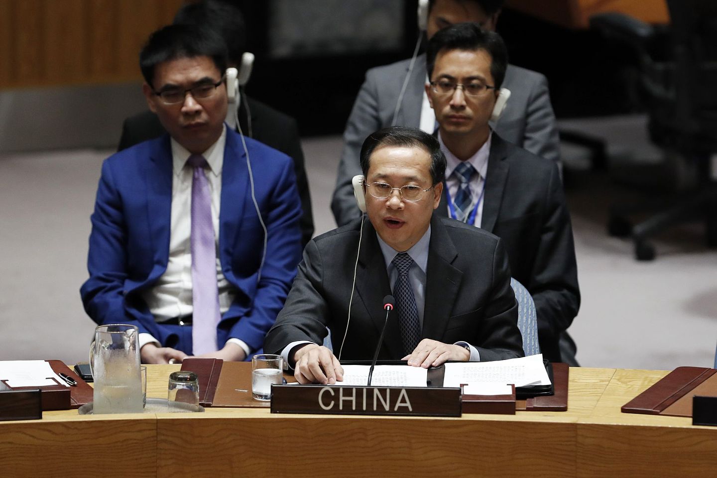 2018年4月14日，在位于纽约的联合国总部，时任中国常驻联合国代表马朝旭在安理会叙利亚局势紧急公开会上发言。（新华社）