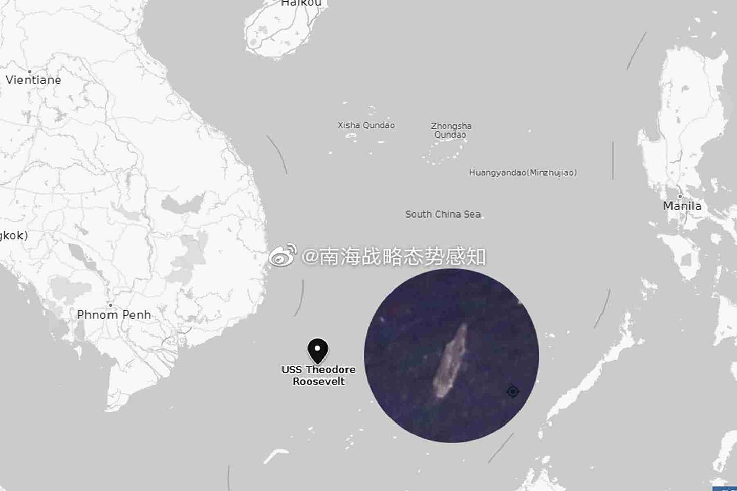 2月13日，中国北京大学海洋研究中心平台“南海战略态势感知”官方微博发布美军航母在南海的最新位置。（微博@南海战略态势感知）