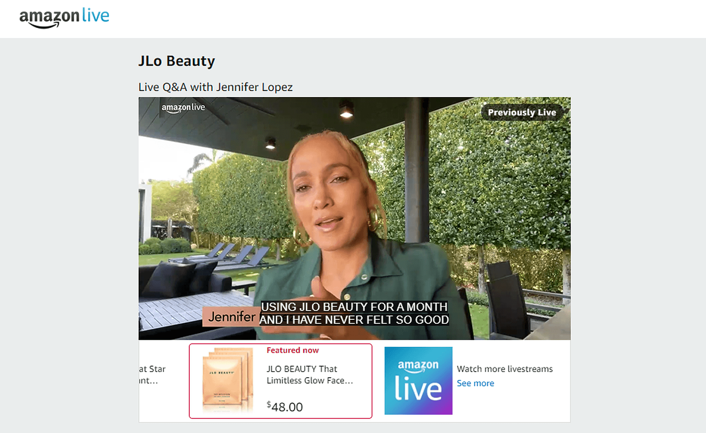 天后Jennifer Lopez疫情期间在Amazon Live上直播推广自己的美妆护肤品牌J.Lo Beauty。（网站截图）