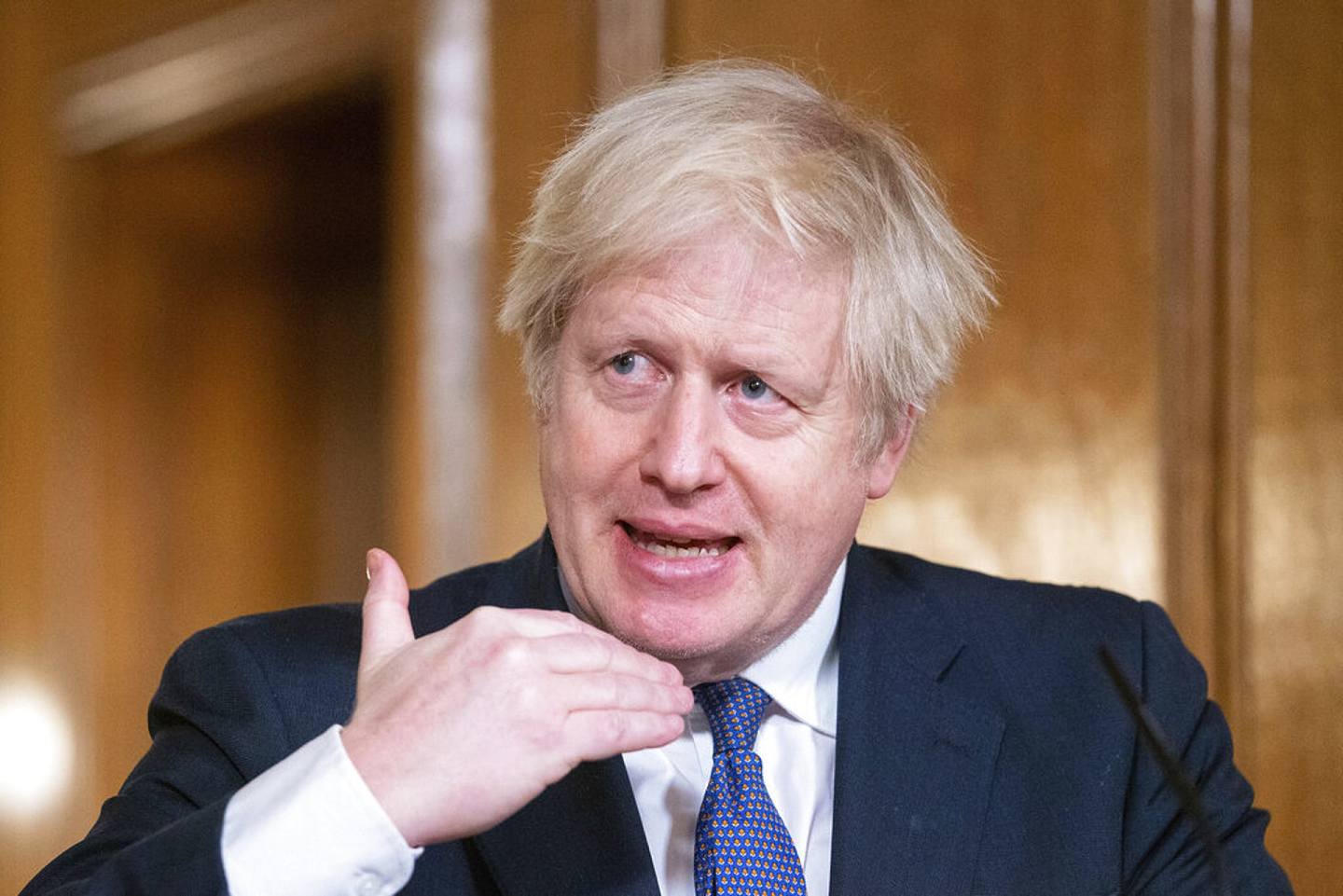 图为1月15日，英国首相约翰逊在伦敦唐宁街10号一个媒体发报会上发言。 （AP）