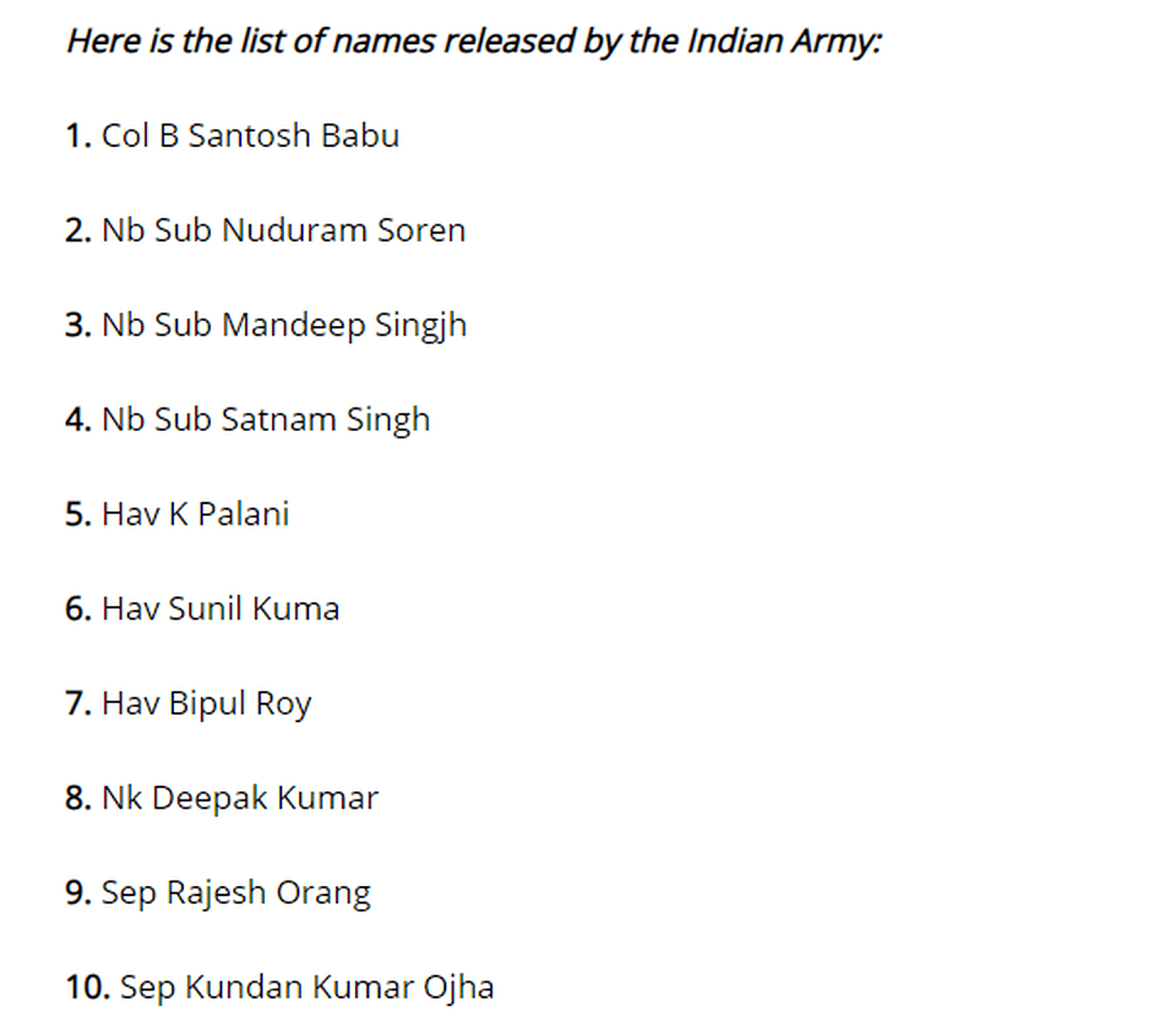 中印6月15日爆发冲突，印度军方称共有20名士兵死亡。图为印度军方公布的名单。（今日印度网站截图）