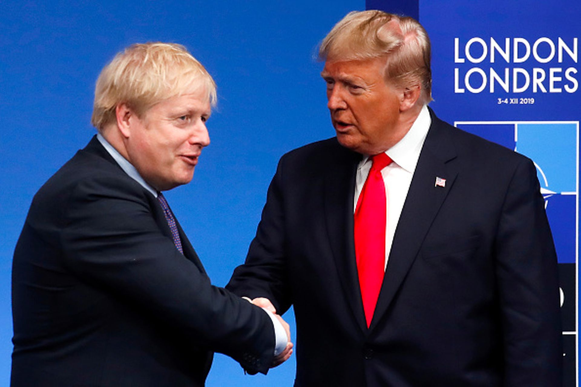 2019年12月4日,在伦敦举行的北约峰会期间,美国总统特朗普(Donald Trump)与英国首相约翰逊举行双边会晤。(Getty Images) 2019年12月4日,在伦敦举行的北约峰会期间,美国总统特朗普(Donald Trump)与英国首相约翰逊举行双边会晤。(Getty Images)