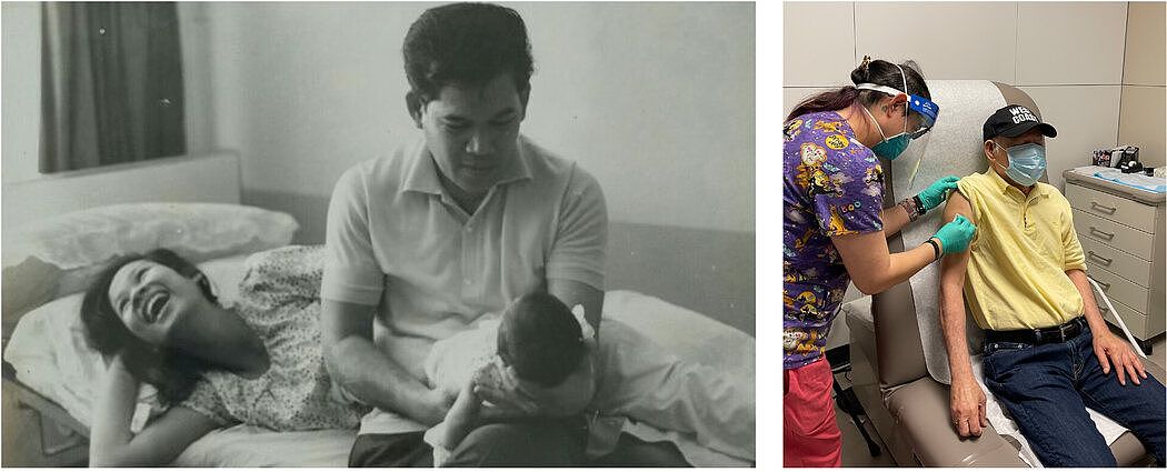 左：维查抱着他的小女儿，妻子坐在他身边。右：维查接受第一剂新冠病毒疫苗。