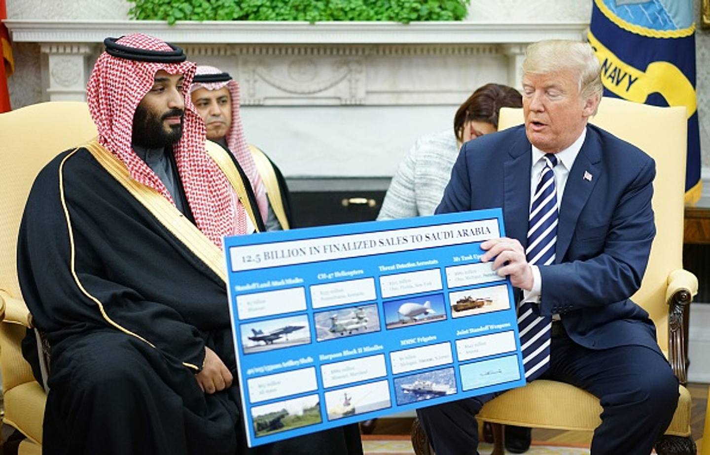 2018年3月20日，时任美国总统特朗普（右）与沙特王储穆罕默德举行美国对沙军售大单签约仪式。 （Getty）