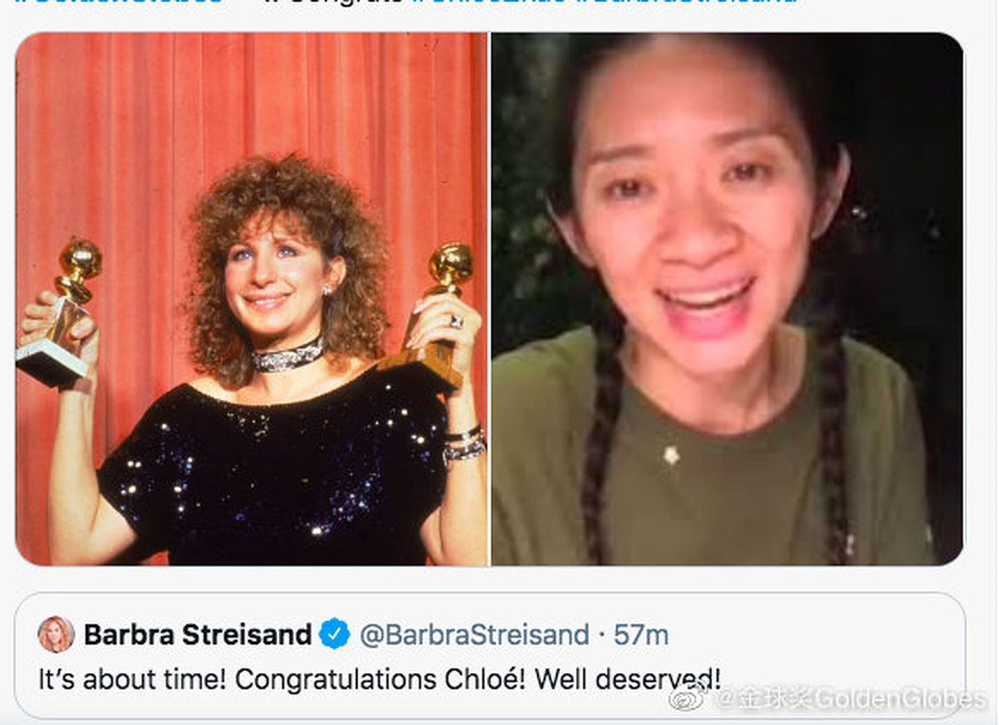 此前，芭芭拉・史翠珊（Barbra Streisand）是金球奖历史上唯一一名获奖的女导演，得知赵婷得奖后，她在推特上发文祝贺赵婷获金球奖最佳导演。（微博@金球奖GlodenGlobes）