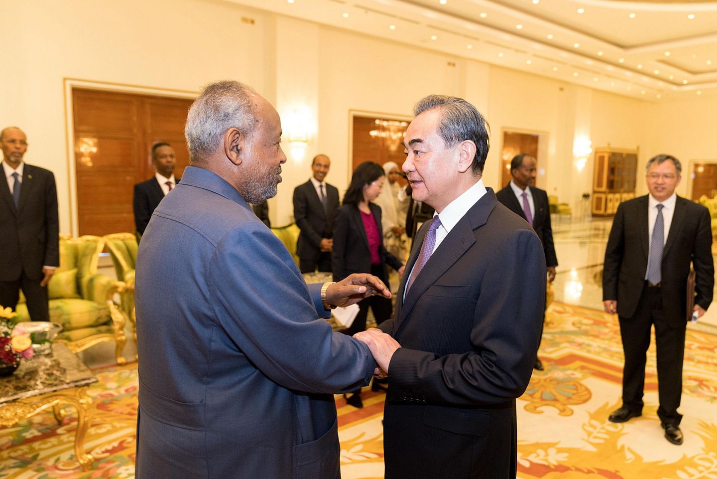 图为2020年1月9日时，吉布提总统盖莱在首都吉布提市会见中国国务委员兼外长王毅。（新华社）