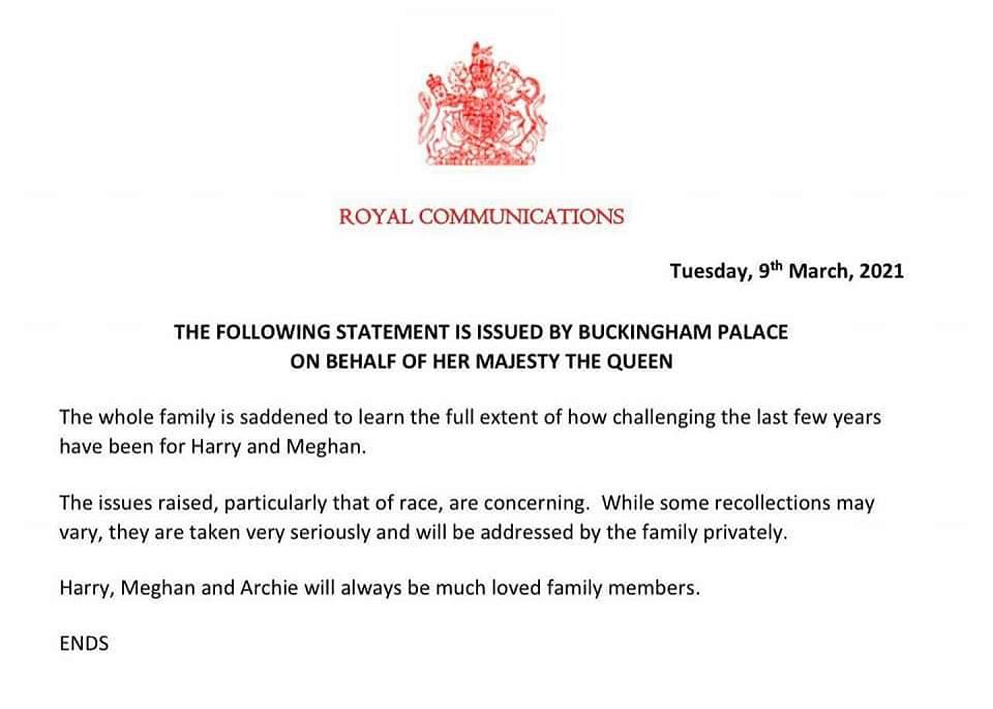 英國王室就「哈里夫婦事件」發表聲明，表示會私下處理。（The Royal Family）
