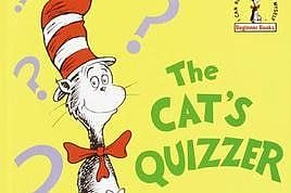 A yellow cover of a book titled The Cat's Quizzer featuring a cartoon cat in a striped top hat.
