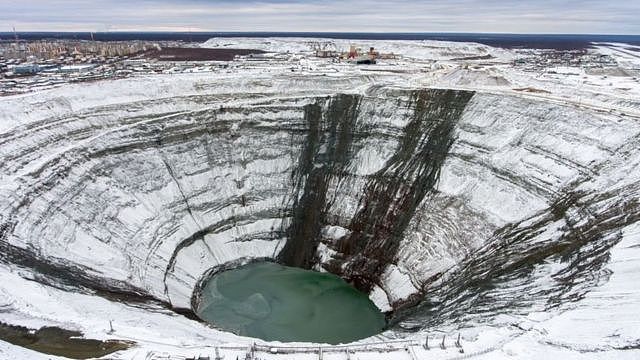 A view of a kimberlite pipe of the Mir diamond mine of ALROSA's Mirny Mining and Processing Division, Russia