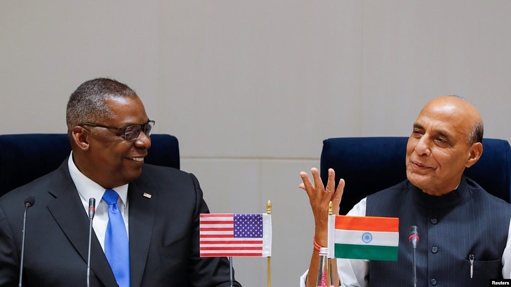 美国国防部长奥斯汀3月20日在印度首都与印度国防部长辛格举行会谈。