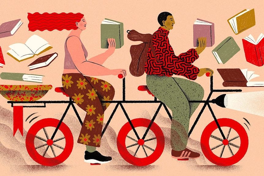 An illustration of a man and woman on a tandem bike both riding while reading a book, surrounded by books