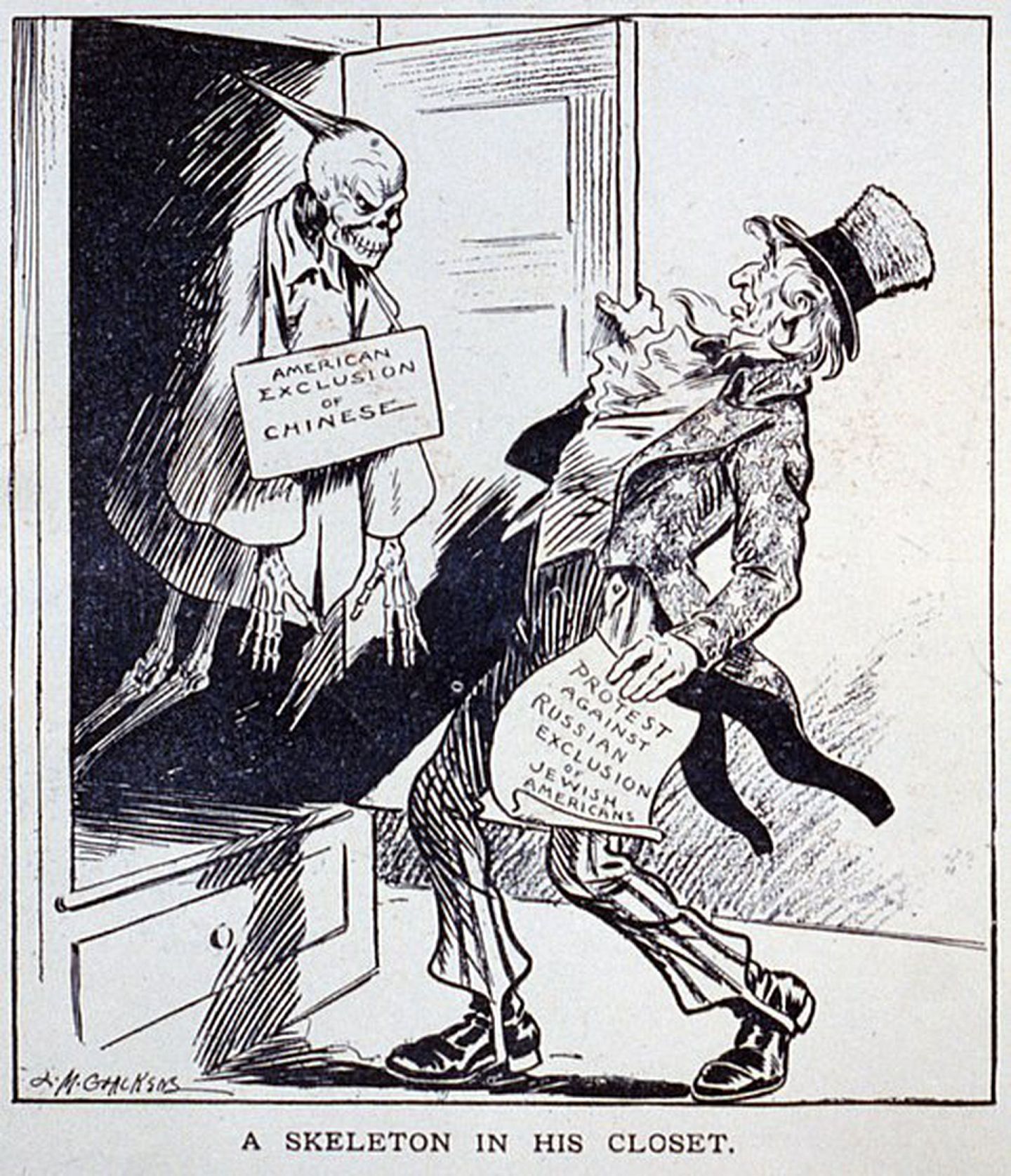 美国1912年讽刺漫画，指美国一面谴责俄罗斯驱逐犹太裔美国人，打开柜子发现被美国驱逐的中国骷髅。（维基公共领域）