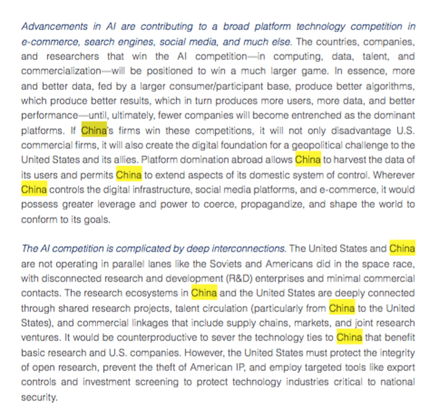 750页的报告大量介绍了“中国人工智能威胁”。（NSCAI）