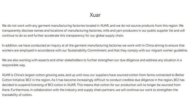 H&M集团在这则去年的声明中专门提到了新疆。