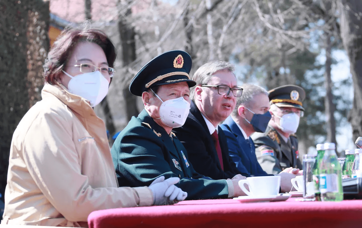 塞尔维亚总统武契奇和到访的中国国务委员兼国防部长魏凤和观摩塞军卫戍旅演练。（中国国防部官网）