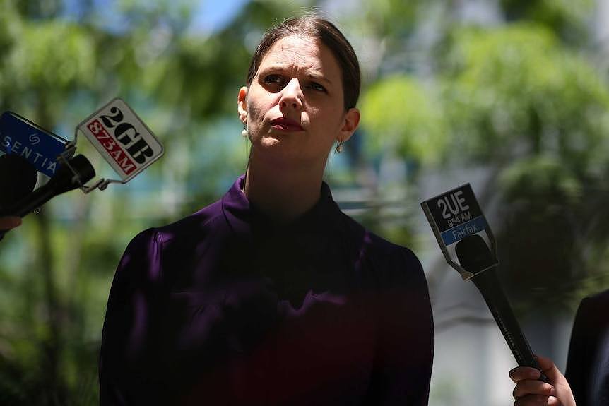 A woman in a deep purple blouse stands in front of media microphones