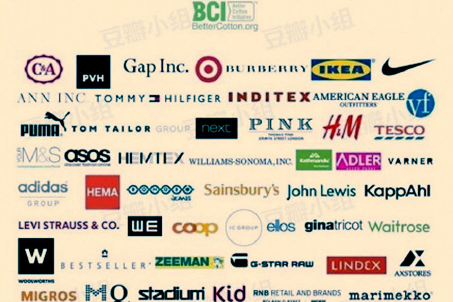 良好棉花发展协会（BCI）官网列出的合作品牌商。（微博@共青团中央）