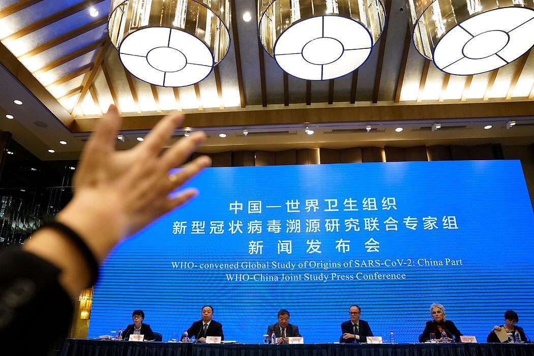上个月，世界卫生组织的科学家团队在中国武汉举行的新闻发布会上发表讲话。