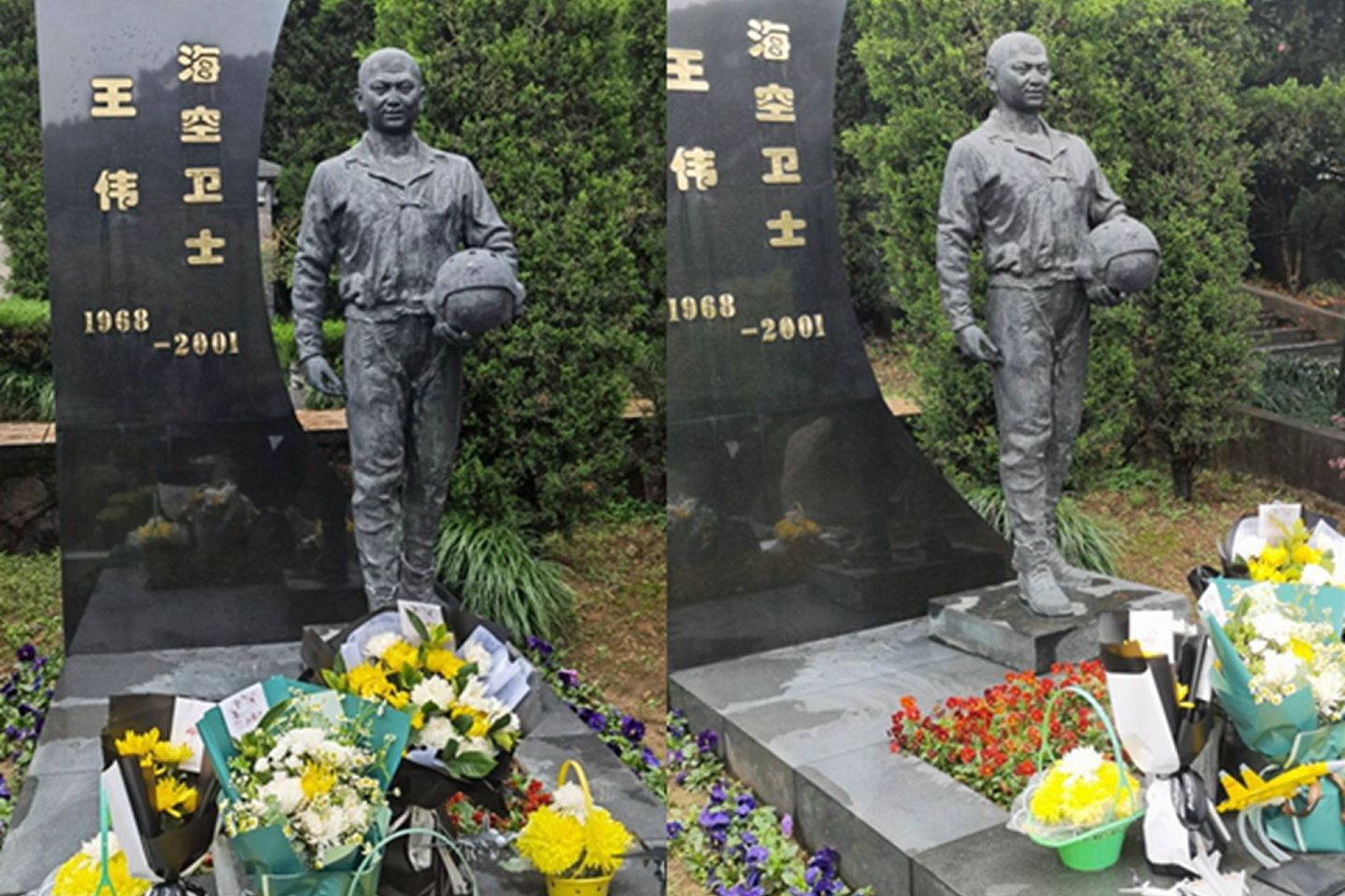 2021年3月31日，中国官方媒体高调宣传王伟。图为中国民众自发给王伟墓送花。（微博@寰亚SYHP）