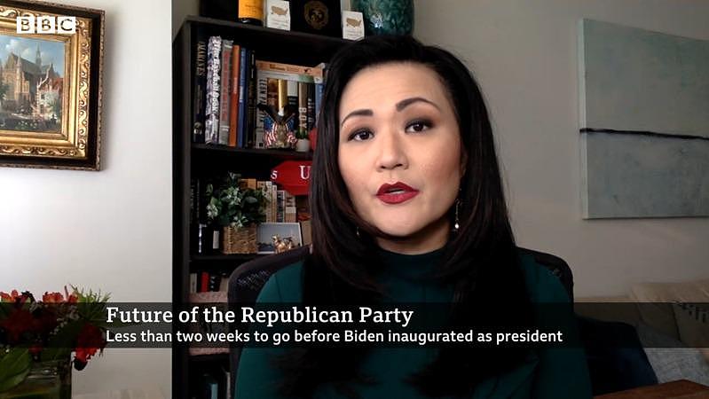 德州共和党国会众议员参选人金赛丽日前以韩国裔的身分，发表不欢迎中国移民的言论。 (BBC视频截图)
