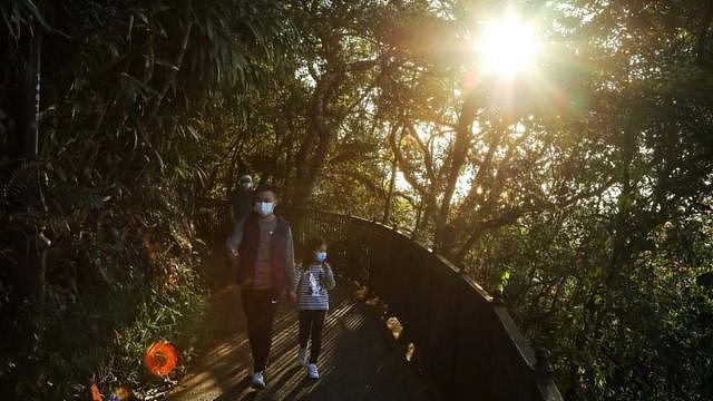 A family walk along a hiking trail in Hong Kong, as sunlight filters through the trees