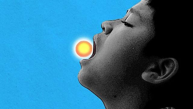 Illustration of a child eating a vitamin that looks like the Sun