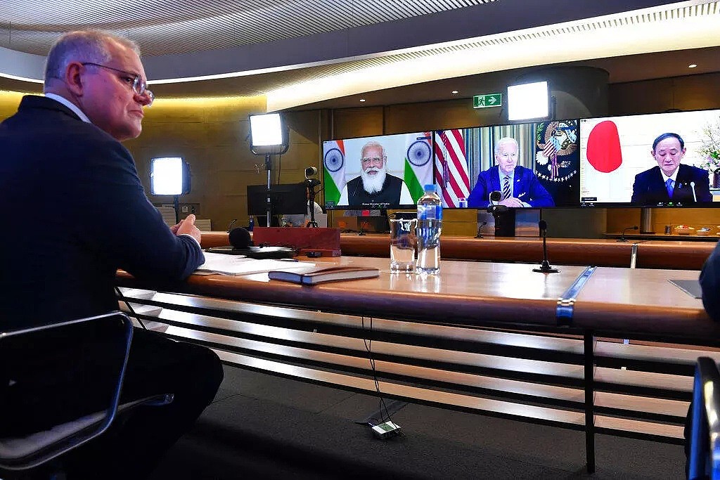 Image d'archive RFI : l'Australien Scott Morrison, l'Indien Narendra Modi, le président américain et le Japonais Yoshihide Suga, le 12 mars 2021.