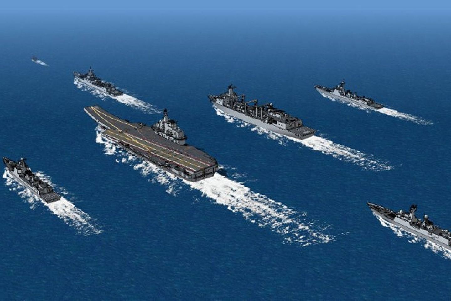 4月7日，中国海军辽宁舰航母编队前出太平洋。图为中国网友制作的整体模拟图。（微博@大包00）