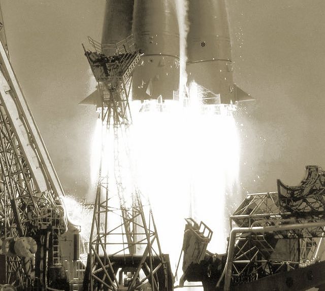 Close-up of the exhaust flames of the rocket launching Yuri Gagarin into orbit