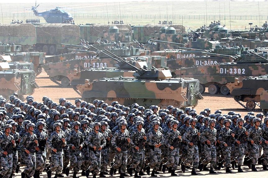 Soldiers of China's People's Liberation Army (PLA) take part in a military parade.