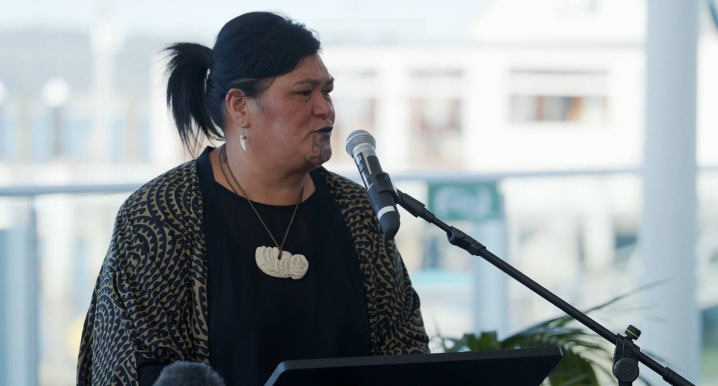 图为新西兰外交部长马胡塔（Nanaia Mahuta）4月19日在首都惠灵顿（Wellington）的新西兰-中国关系促进委员会（New Zealand China Council）发表讲话。 （新西兰外交和贸易部）