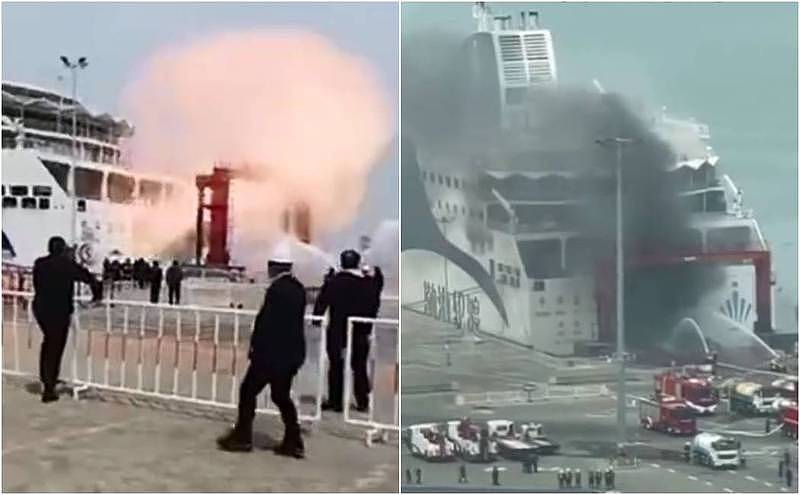 中国大型豪华客货轮「中华富强号」今天中午惊传爆炸，吓坏不少人。 （图翻摄自微博）