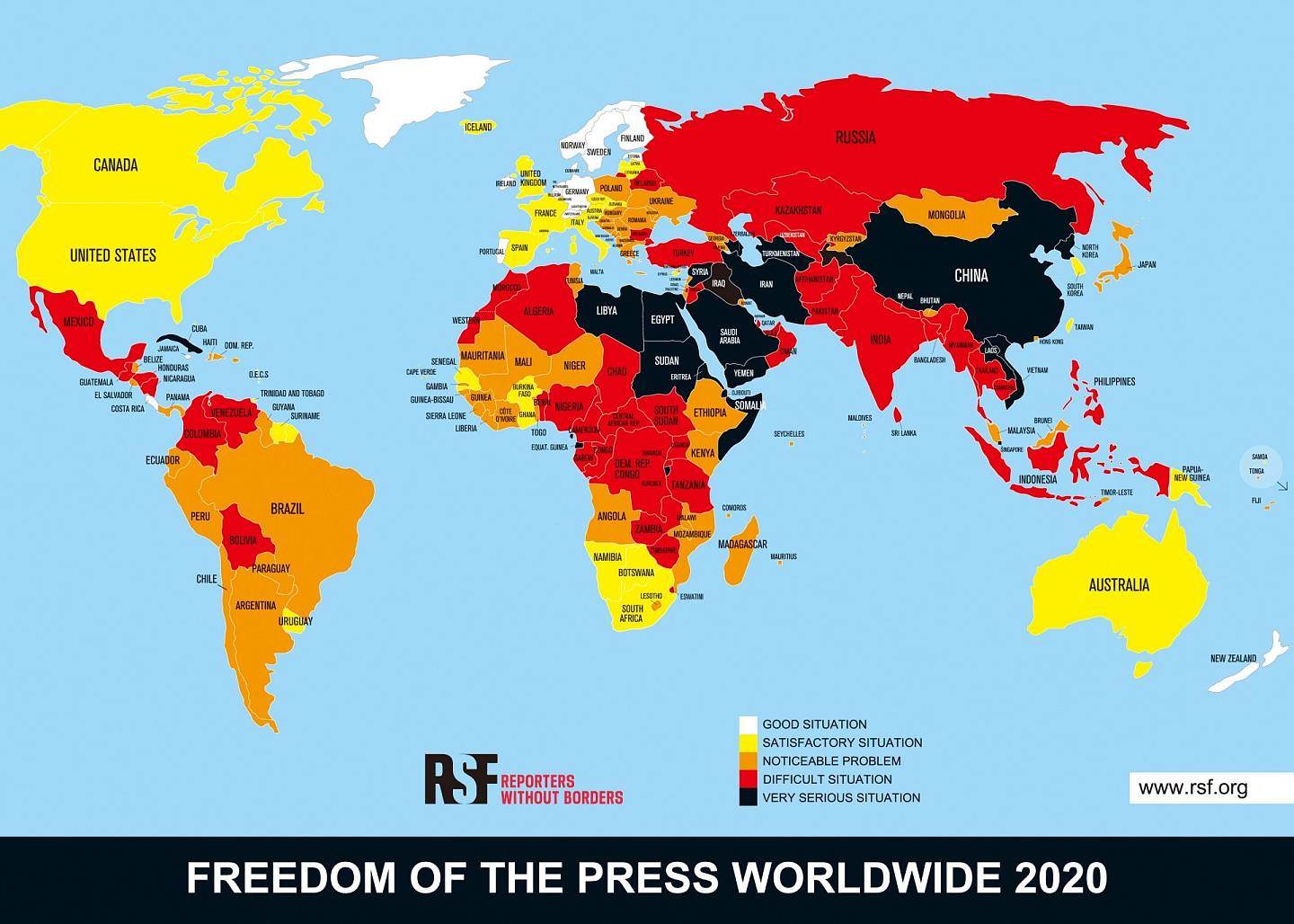 2020年世界新聞自由指數情況。（無國界記者組織提供）