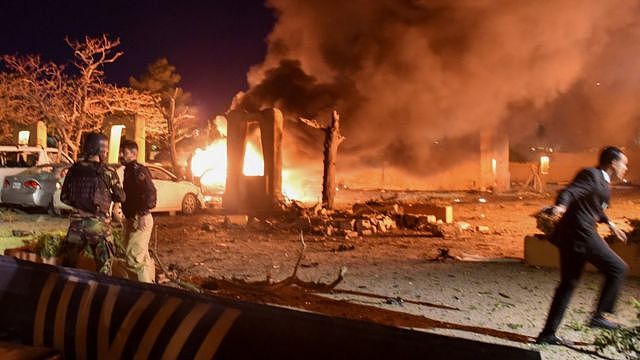 Flames at smoke during the explosion at the Serena Hotel