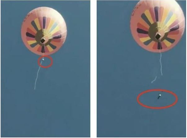 云南腾冲火山地质公园的热气球体验，因为突遇大风，操作人员被带到空中后从绳上滑落，坠地身亡图源：澎湃新闻