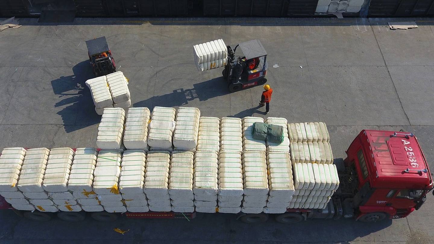 新疆棉花：图为3月26日，中国江西省九江市工人将新疆生产的棉绒运到货车上。 （AP）