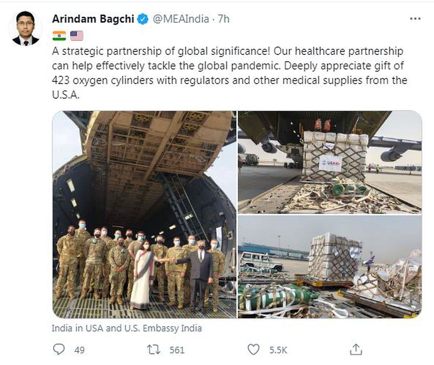 印度外交部4月30日发文感谢美国的援助。（Twitter@MEAIndia截图）