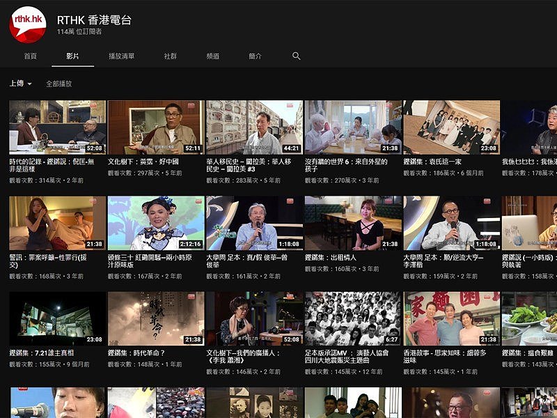 香港官方香港电台表示将删除YouTube等平台中上架超过一年的节目影片，遭质疑是「清洗历史」。 图为香港电台频道影片以观看次数排序，不少热门影片已上架超过一年。 （图取自RTHK 香港电台YouTube网页youtube.com）