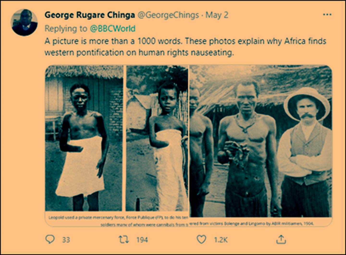 美国黑人网友在评论下方发布黑人遭遇了西方殖民者酷刑的照片。（Twitter@GeorgeChings）