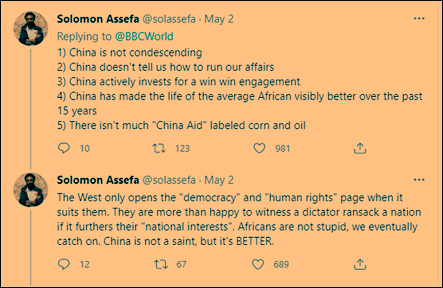 埃塞俄比亚网友列出非洲支持中国发声的有力证据。（Twitter@solassefa）