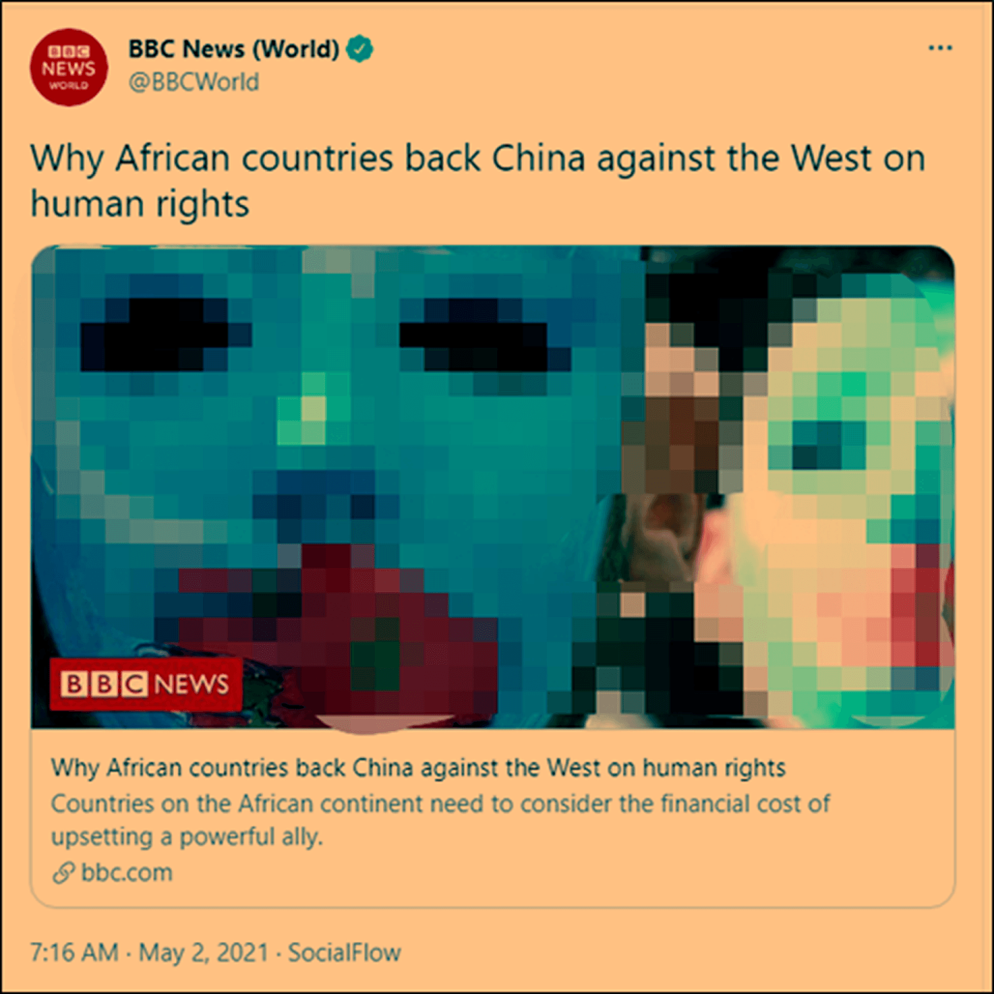 BBC在其官方推特转发文章，遭到非洲网民反驳。（Twitter＠BBCWorld）