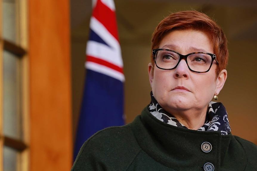 Marise Payne looks into the distance with an Australian flag behind her