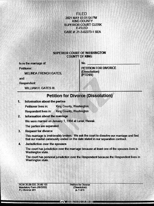 比尔盖茨离婚文件曝光：由梅琳达提起申请 未来不要求配偶支持（组图） - 1